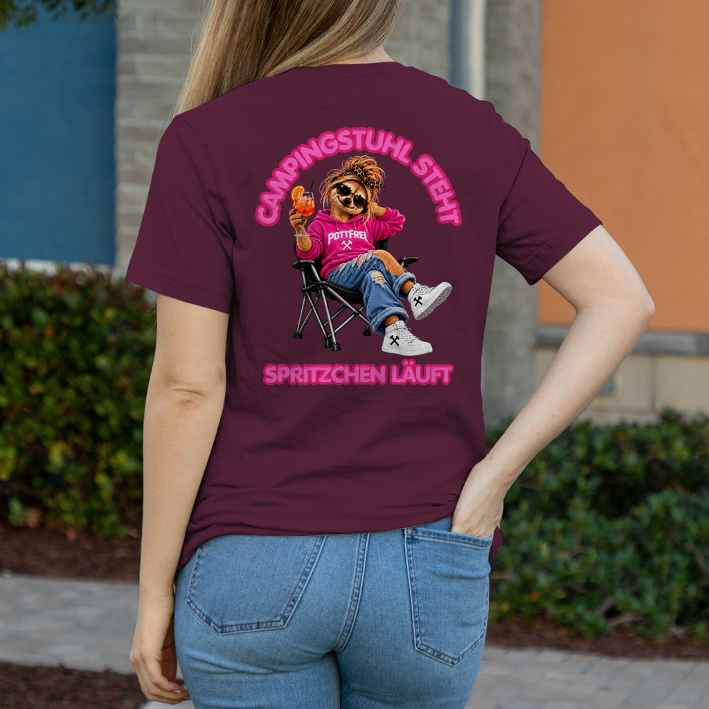 CAMPINGSTUHL STEHT - SPRITZCHEN LÄUFT - Damen T-Shirt POTTFREI
